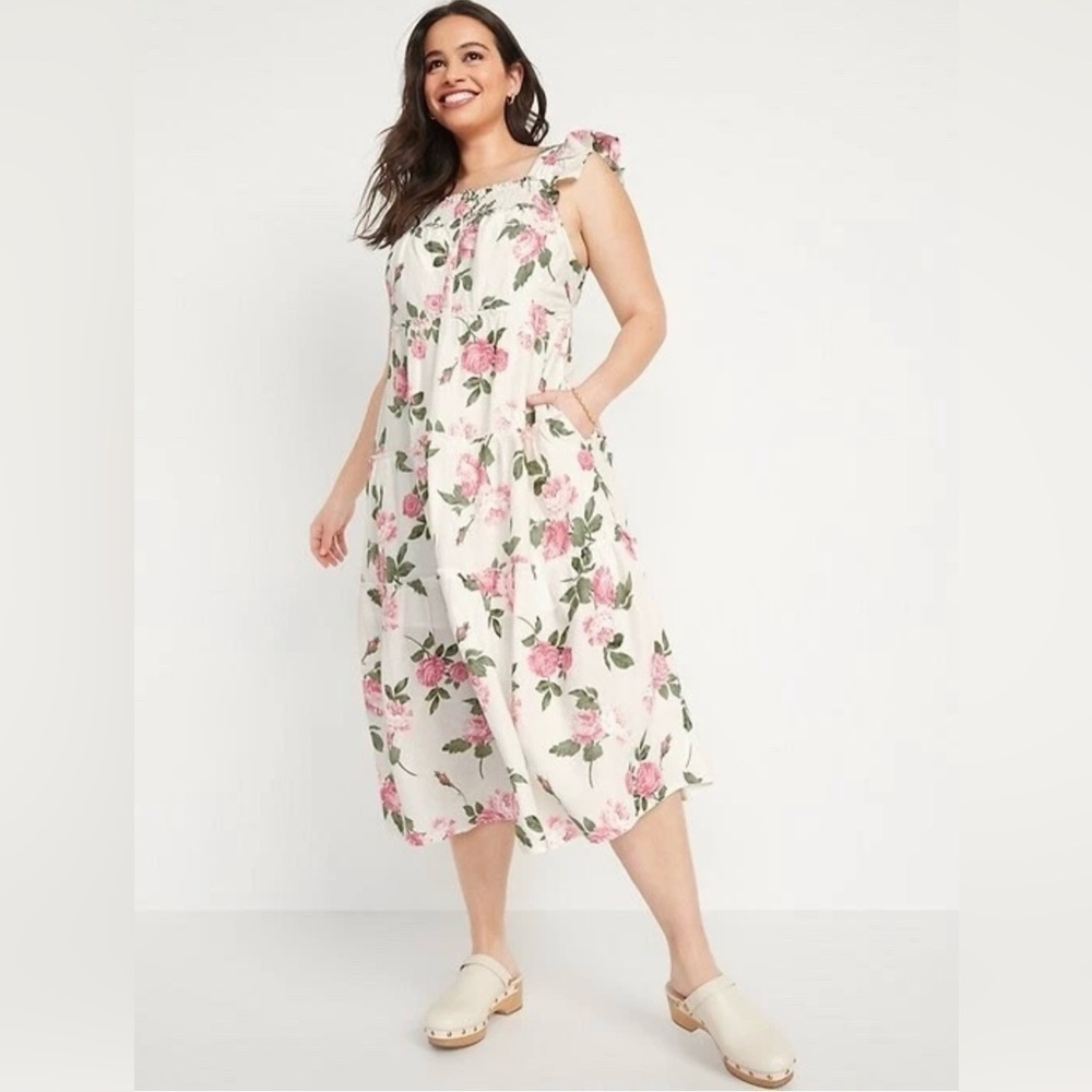 Old Navy Flutter Sleeve Floral Smocked Midi Swing Dress Size M